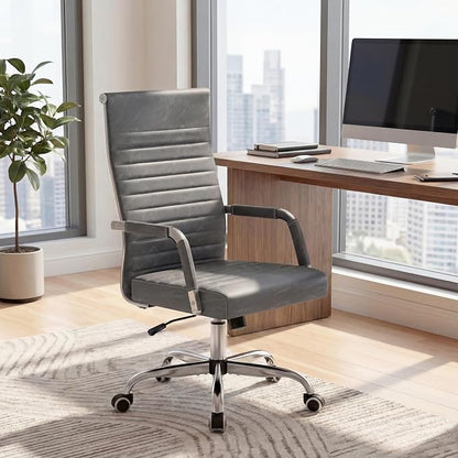 Furmax Ergonomic Office Desk Chair, Executive Ribbed Mid-Back PU Leather Conference Room Chair Adjustable Swivel Chair with Arms (2, Bicolor Vintage Grey)