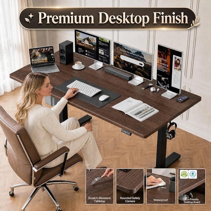 Grandder 47x32 Large Electric Standing Desk, Height Adjustable Computer Desk with 2 Memory Presets, 31.5" Deep Desktop Sit Stand Desk Home Office Desk Workstation Table with Hooks, Walnut