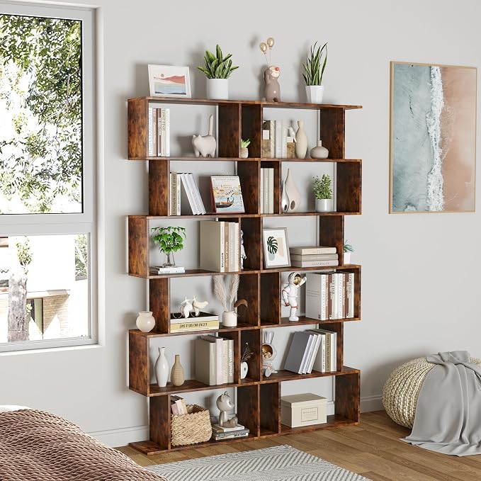 Yusong Geometric Bookcase, Bookshelf 6-Tier S Shaped Book Shelves for Bedroom, Modern Wood Decorative Display Shelf Tall Book Case for Home Office, Rustic Brown
