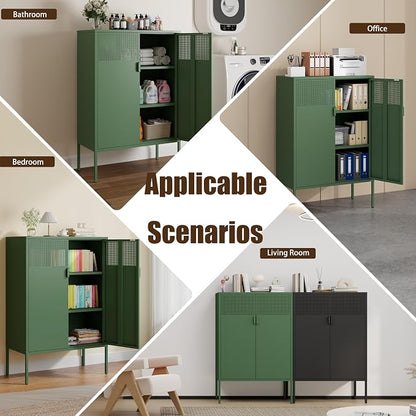 2 Mesh Door Metal Storage Cabinet with Adjustable Shelves, 3 Tier Steel Office Storage Cabinet 47''H Multipurpose Green Storage Cabinet, Metal Locker Storage Cabinet for Office, Home, Hallway