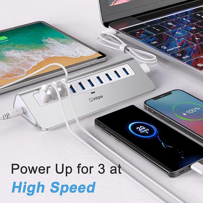Powered USB Hub 10Gbps, 10 Port USB 3.2 Gen 2 Hub with 7 USB 3.2 Data Ports, 3 Fast Charging Ports, 36W Power Adapter, Type A and Type C Cable, Aluminum USB Hub for Laptop, Mac, PC