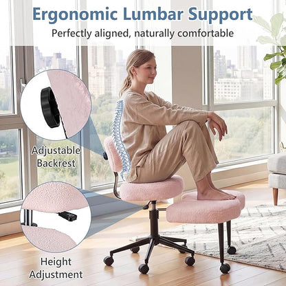 DUMOS Ergonomic ADHD Meditation Office Desk Chair with Adjustable Backrest, Cross Legged Chair Height Adjustable with 360° Swivel Footstool, Yoga Stool for Home Office, Teddy Fabric Pink