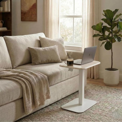 Elevance Height Adjustable Side Table, White Base, Washed Oak Top | Sofa Laptop Table for Couch & Bed | Small C-Shape End Table for Home or Office