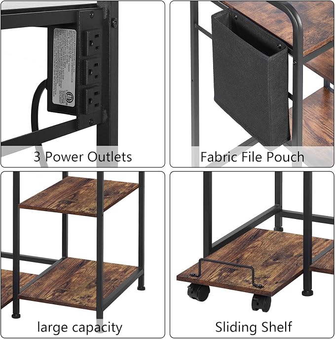 Sedegn Large Printer Stand with 3 AC Outlets for Home Office Devices | Heavy-Duty Printer Table for Laser Printer, Side Paper Storage Bag, 3-Tier Organizer for Shredder, PC Tower & Supplies, Brown