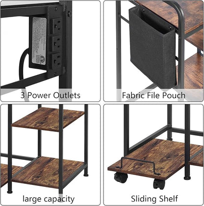 Sedegn Large Printer Stand with 3 AC Outlets for Home Office Devices | Heavy-Duty Printer Table for Laser Printer, Side Paper Storage Bag, 3-Tier Organizer for Shredder, PC Tower & Supplies, Brown