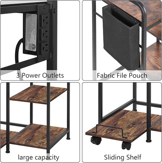 Sedegn Large Printer Stand with 3 AC Outlets for Home Office Devices | Heavy-Duty Printer Table for Laser Printer, Side Paper Storage Bag, 3-Tier Organizer for Shredder, PC Tower & Supplies, Brown