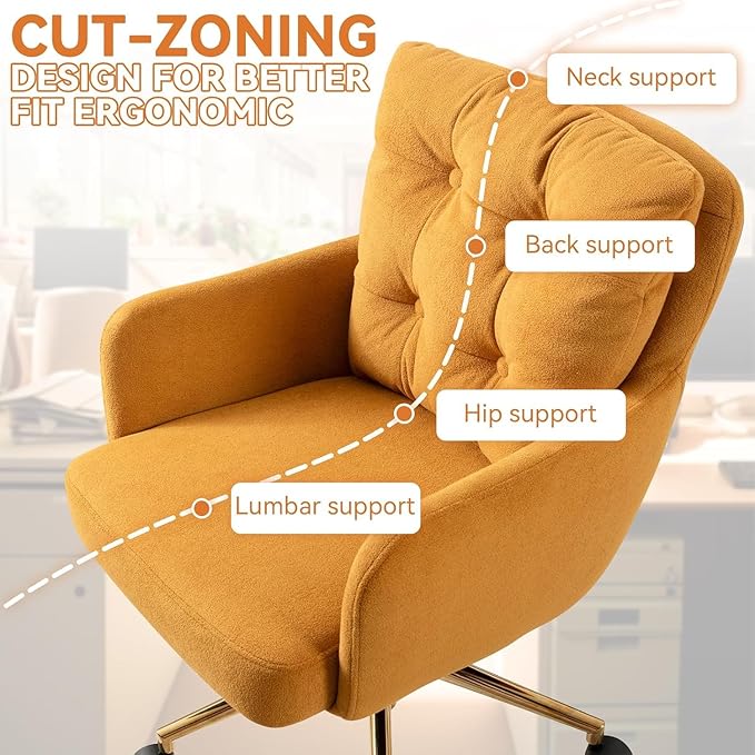 Flannel Office Chair, Comfy Home Office Desk Chairs with Lumbar Support, Modern Velvet Desk Chair Gold Legs Small Swivel Task Chair for Home Office, Bedroom, Study (Yellow, XL)