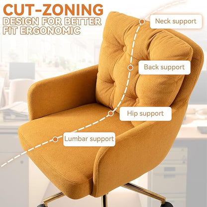 Flannel Office Chair, Comfy Home Office Desk Chairs with Lumbar Support, Modern Velvet Desk Chair Gold Legs Small Swivel Task Chair for Home Office, Bedroom, Study (Yellow, XL)