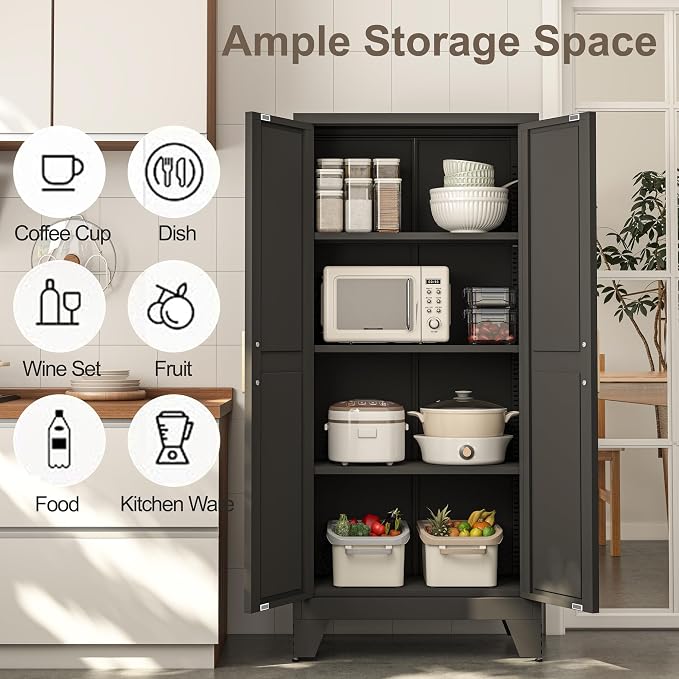 Baborokic 61H Metal Storage Cabinet with 2 Doors and Adjustable Shelves,Farmhouse Storage Cabinet with Barn Doors,Pantry Storage for Home,Office,Dining Room,Kitchen(Black)