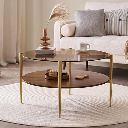 LumFurn Round Coffee Table, Mid-Century Modern Design, D30 x H17, for Living Room, 2-Tier Structure, Amber Glass Top and Walnut MDF Shelf, Sleek Conical Metal Legs with Gold Finish