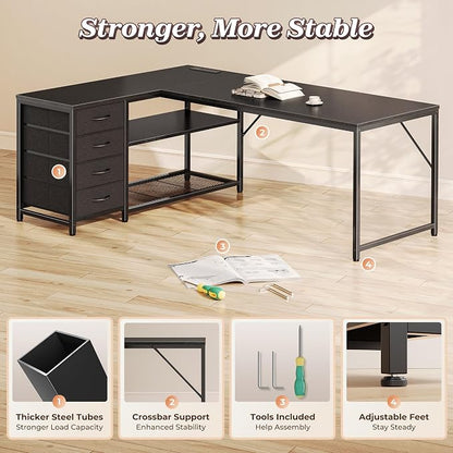 PRAISUN 61" L Shaped Desk with Power Outlets & USB-C Port, Reversible Computer Corner Office Desk with 4 Fabric Drawers and 2 Storage Shelves, Large Desk for Gaming Writing Study, Black