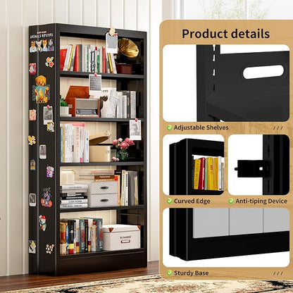 70.9" H Metal Bookshelf, Adjustable Bookcase, 5-Tier Heavy Duty Bookshelf with Bookend, Tall Bookshelves, Bookcase Shelf for Living Room, Office, Library,Classroom (Black-37.4W)