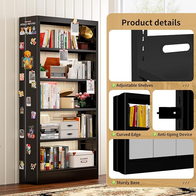 70.9" H Metal Bookshelf, Adjustable Bookcase, 5-Tier Heavy Duty Bookshelf with Bookend, Tall Bookshelves, Bookcase Shelf for Living Room, Office, Library,Classroom (Black-72.8W)