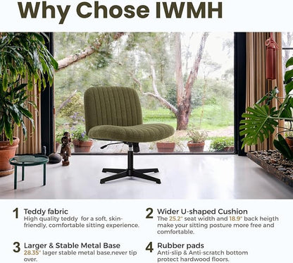 IWMH Criss Cross Chair, Cross Legged Office Chairs no Wheels, Armless Wide Seat Desk Chair with Adjustable Height for Home, Vanity, Bedroom (Green)