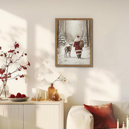 Framed Christmas Pictures Wall Decor, Santa Reindeer Winter Wall Art, Rustic Canvas Christmas Print, Winter Holidays Decor, Vintage Christmas Decorations Painting for Bedroom Living Room – 12x16in