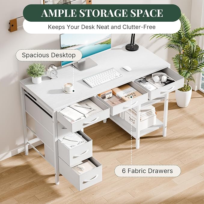 47" Computer Desk with 6 Drawers, Home Office Gaming Desks with Storage Shelves for Bedroom, Writing Study Corner Living Room Work Table White