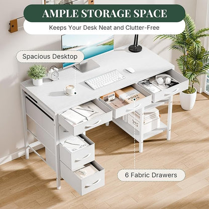 47" Computer Desk with 6 Drawers, Home Office Gaming Desks with Storage Shelves for Bedroom, Writing Study Corner Living Room Work Table White
