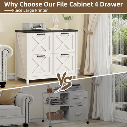 Befrases Farmhouse File Cabinet, Lateral Filing Cabinet with 4 Drawers for Letter/A4 Size Hanging Files, Wooden Printer Stand File Storage Cabinet for Home Office Cabinets, White and Black