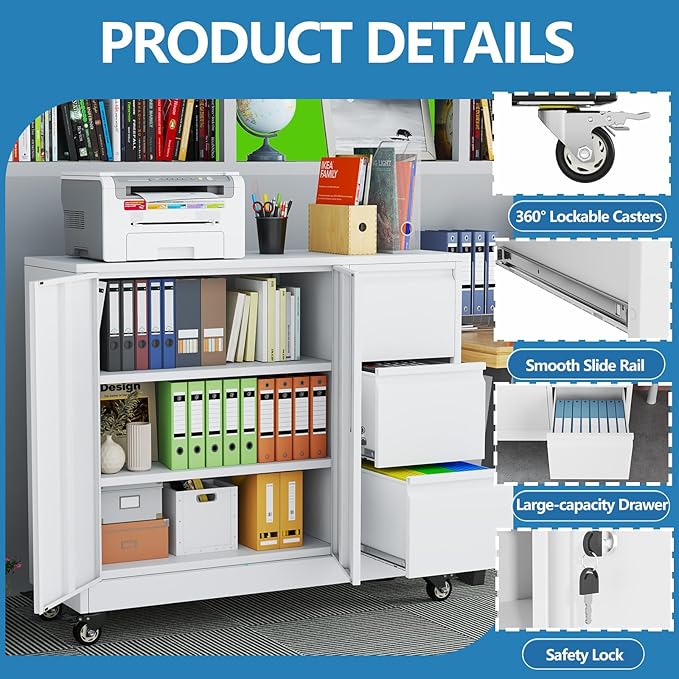 pozdeg Lockable Lateral File Cabinet with Gooseneck Handle, 3 Drawer Mobile Rolling File Cabinet with Wheels, Anti-Rust Sturdy Steel Cabinet for Home Office Workspace Organization (White)