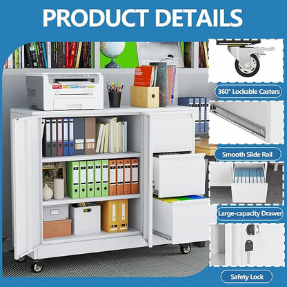 pozdeg Lockable Lateral File Cabinet with Gooseneck Handle, 3 Drawer Mobile Rolling File Cabinet with Wheels, Anti-Rust Sturdy Steel Cabinet for Home Office Workspace Organization (White)