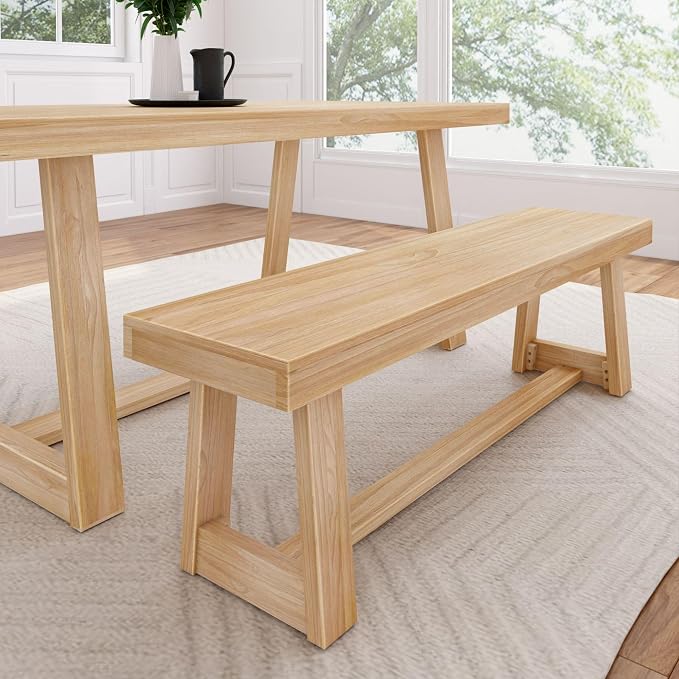 Plank+Beam 60 Inch Farmhouse Dining Bench, Solid Wood Entryway Bench, Wooden Outdoor Bench, Kitchen Dining Seat, Dining Room, Home Office, Living Room Furniture, Easy Assembly, Blonde Wirebrush