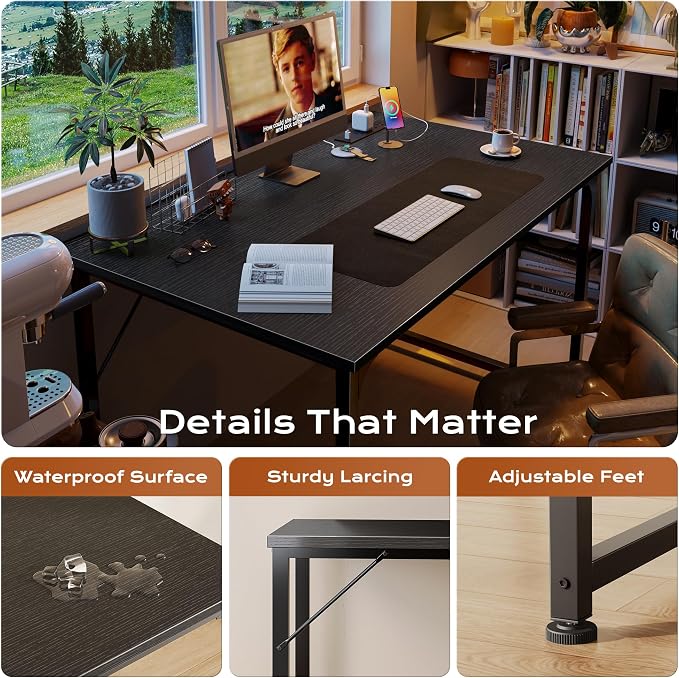 PRAISUN 40 X 24 Inch Computer Desk with Power Outlets & USB-C Port, Office Desk with Deeper Desktop, Study, Bedroom, Writing Work from Home Table, Metal Frame, Black