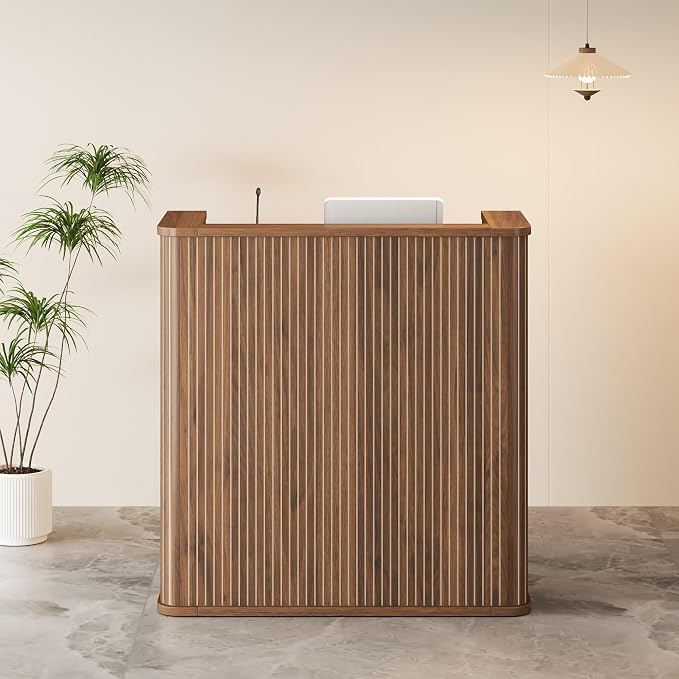 42.1 Inches Reception Desk,Fluted Round Corner Modern Reception Table,Front Counter Table,for Salons, Offices Lobbies Retail Stores and Home Offices (Walnut)