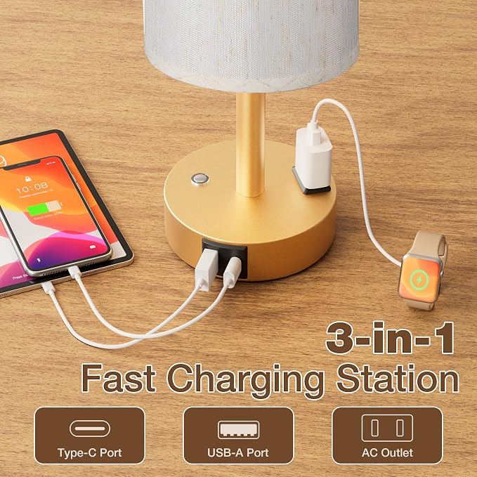 Touch Bedside Table Lamp with Memory - Stepless Dimmable Lamp for Bedroom, Small Nightstand Lamp with Dual USB Charging Ports and AC Outlet, Wood Night Light, Desk Lamp for Nursery (Cream & Gold)