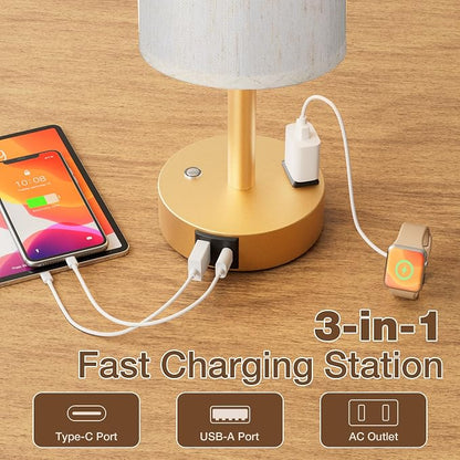 Touch Bedside Table Lamp with Memory - Stepless Dimmable Lamp for Bedroom, Small Nightstand Lamp with Dual USB Charging Ports and AC Outlet, Wood Night Light, Desk Lamp for Nursery (Cream & Gold)