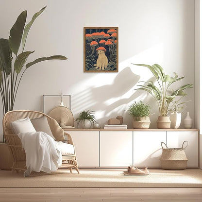 Framed Vintage Cat Wall Art, Whimsical White Cat with Mushroom Hat in Forest Canvas Print, Fantasy Quirky Woodland Animal Painting, Funny Retro Wall Decor for Living Room Bedroom Study 12x16in