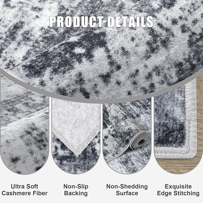 Round Area Rug for Living Room: 8 ft Washable Modern Abstract Soft Thin Rug Indoor Floor No Slip Stain Resistant Carpet for Bedroom Dining Room Farmhouse Nursery Home Office - Dark Black