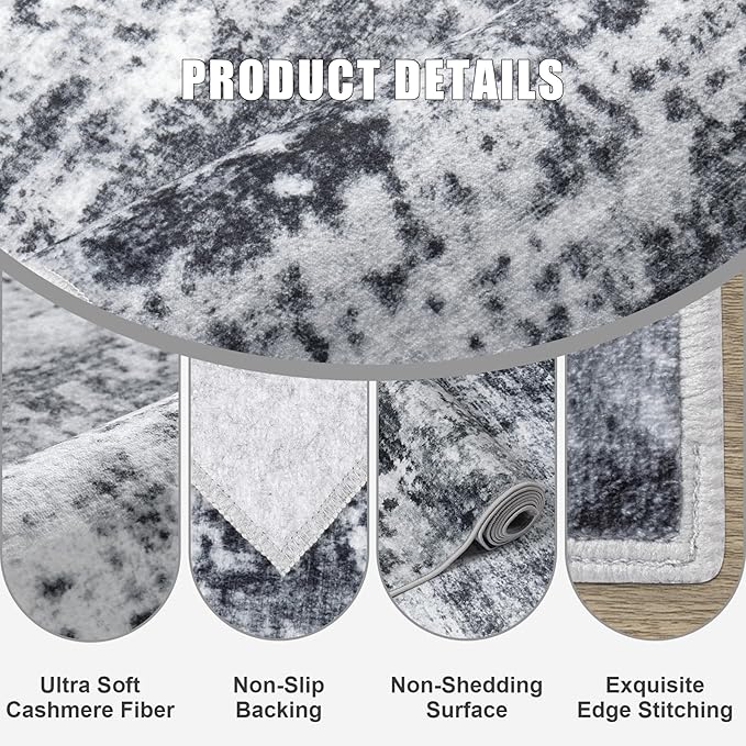 5x5 Area Rug Living Room Rug: Washable Modern Abstract Soft Thin Rug Indoor Floor No Slip Stain Resistant Carpet for Bedroom Dining Room Farmhouse Nursery Home Office - Dark Black