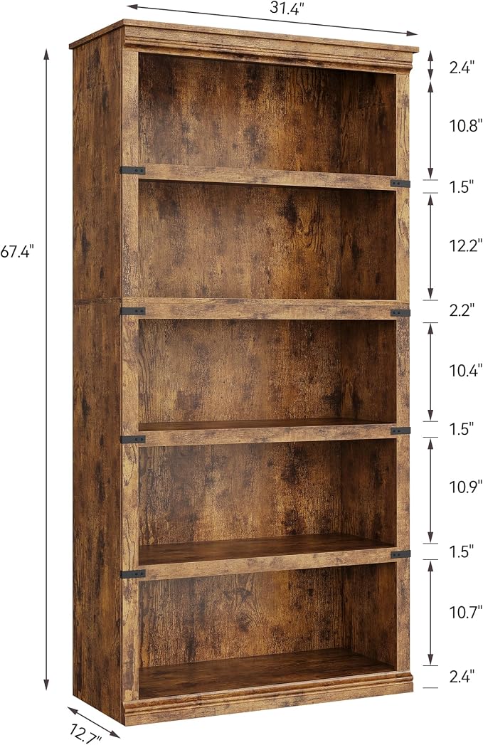 GarveeHome 5 Tier Farmhouse Bookcase, 67.4" Tall Book Shelf with Storage, Wooden Bookshelves 5 Shelf Display Shelvesfor Home Office, Living Room, Bed Room (Vintage, 67.4" H x 31.5" W x 12.8" D)