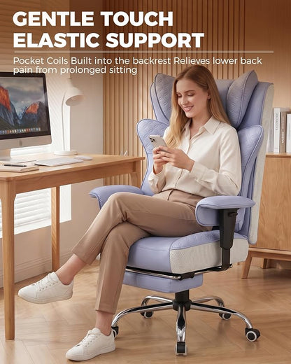 GTPLAYER Big and Tall Office Chair, Wide Ergonomic Gaming Chair with Deluxe Embossing Designed Leather with Foot Rest,150°Reclining Adjustable Soft Armrests Pocket Spring Back Support and Pillow