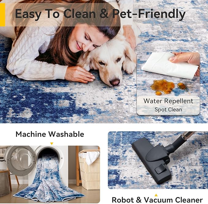 RELEANY Washable Area Rugs Square 9ft Non-Slip Modern Abstract Soft for Living Room Entryway Bedroom Kitchen, Print Pattern, Blue Grey Navy Gray