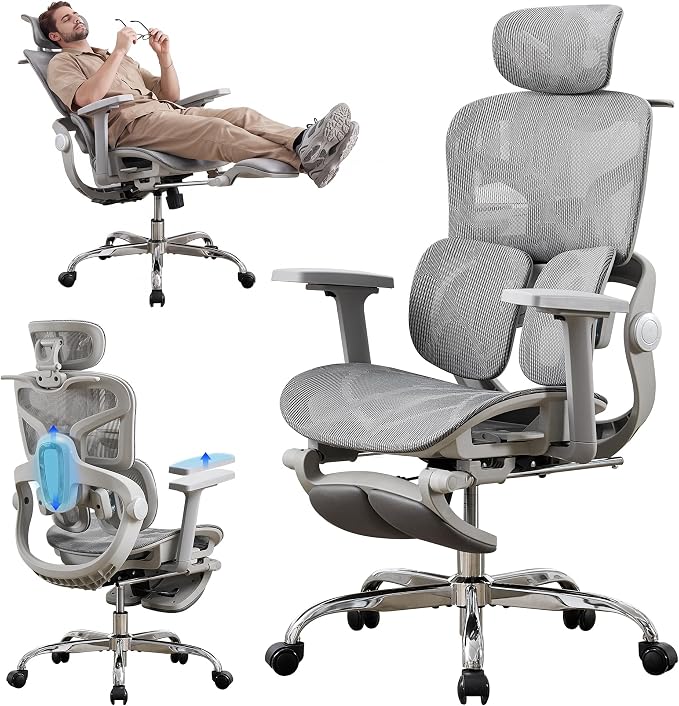 Ergonomic MeshOffice Chair with 2-Zone Lumbar Support and Footrest,Grey | Big and Tall, 400LBS, Adjustable Seat Depth, 4D Headrest, 4D Armrests Swivel Executive Chair for Home Office