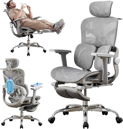 Ergonomic MeshOffice Chair with 2-Zone Lumbar Support and Footrest,Grey | Big and Tall, 400LBS, Adjustable Seat Depth, 4D Headrest, 4D Armrests Swivel Executive Chair for Home Office