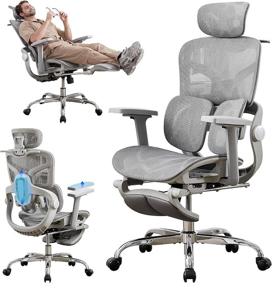 Ergonomic MeshOffice Chair with 2-Zone Lumbar Support and Footrest,Grey | Big and Tall, 400LBS, Adjustable Seat Depth, 4D Headrest, 4D Armrests Swivel Executive Chair for Home Office