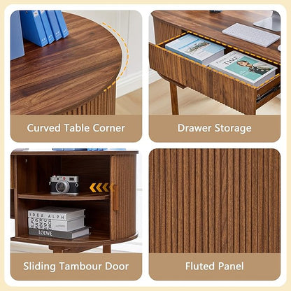 ORRD Home Office Oval Desk with Sliding Tambour Door and Drawer, Modern Fluted Wood Executive Computer Storage Desk for Study, Living Room, Bedroom, Office - Walnut
