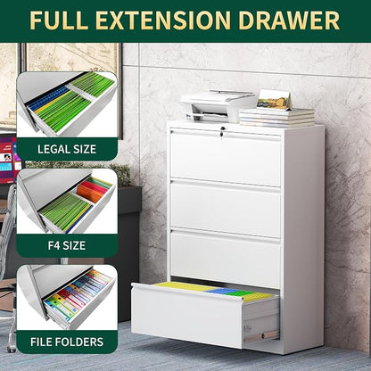 4 Drawer Lateral File Cabinet with Lock, Metal File Cabinets for Home Office, Steel Heavy-Duty Filing Storage Cabinet for Letters/Legal/A4 (Require Assembly, White)
