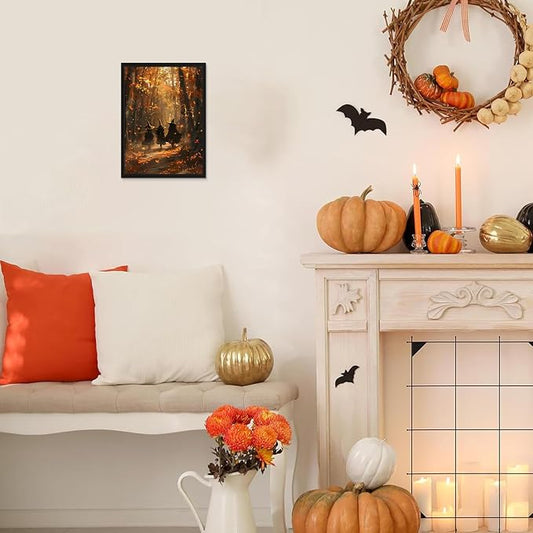 Framed Halloween Witch Wall Art - Autumn Forest Witch Canvas Print, Vintage Gothic Dark Academia Halloween Wall Decor, Spooky Fall Artwork for Bedroom Living Room Home 8x10in Wood Frame