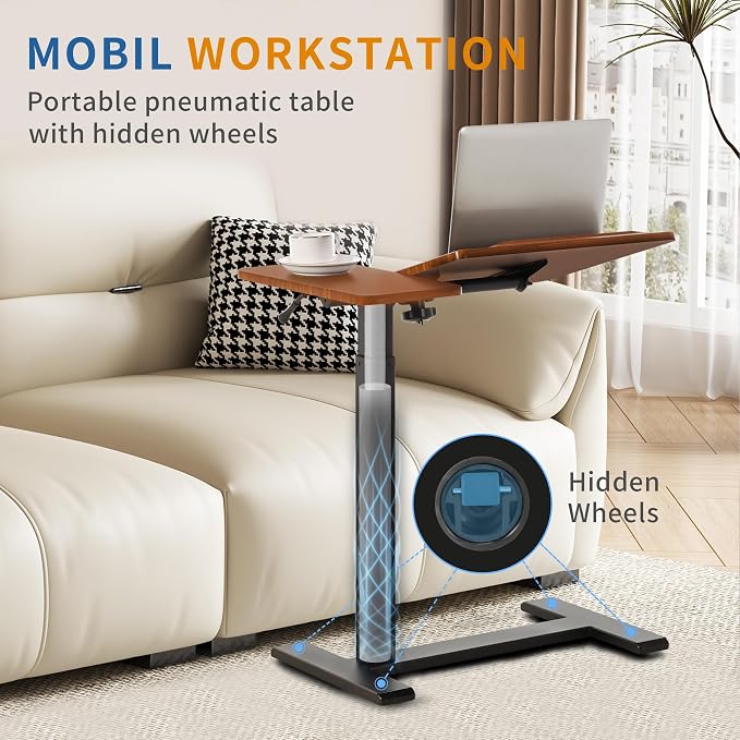 Adjustable Overbed Bedside Table with Hidden Wheels, Pneumatic Tilt Board Rolling Laptop Standing Desk Cart, Mobile Over Bed Sofa Chair Side End Tables, Walnut (Walnut)