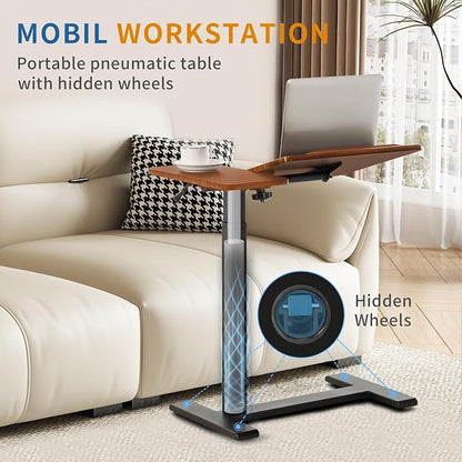 Adjustable Overbed Bedside Table with Hidden Wheels, Pneumatic Tilt Board Rolling Laptop Standing Desk Cart, Mobile Over Bed Sofa Chair Side End Tables, Walnut (Walnut)