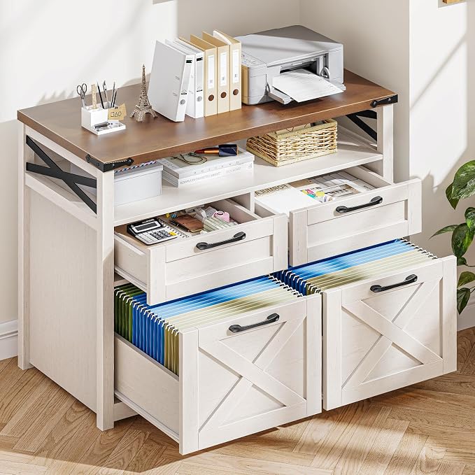Farmhouse 4 Drawer File Cabinet with Open Storage Shelf, Lateral Filing Cabinet Fits Letter/A4/ Size, Home Office Filing Organizer, Document Storage Printer Stand for Home and Office,Uunique White