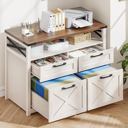 Farmhouse 4 Drawer File Cabinet with Open Storage Shelf, Lateral Filing Cabinet Fits Letter/A4/ Size, Home Office Filing Organizer, Document Storage Printer Stand for Home and Office,Uunique White
