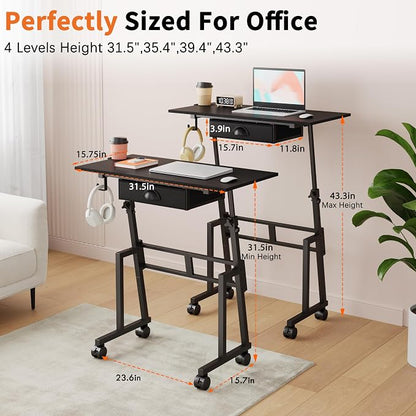 Adjustable Height Standing Desk with Drawer, Rolling Sit to Stand Up Desk with Wheels Height 31.5"-43.3" Small Mobile Laptop Standing Desk for Treadmill Walking Pad, Movable Classroom Podium (Black)