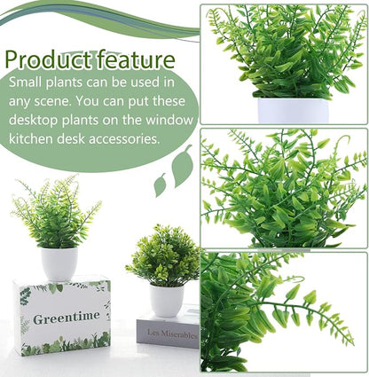GREENTIME 2 Pack Small Fake Potted Plants for Home Decor Faux Eucalyptus Plant in White Pot Artificial Mini Fern Greenery for Bathroom Shelf Indoor Office Desk Living Room Kitchen Decorations