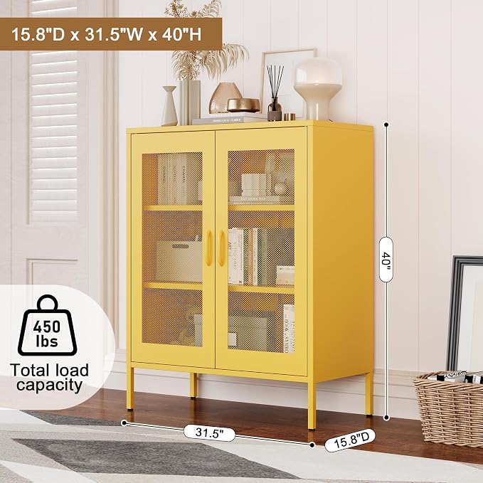 Chshin Metal Locker Storage Cabinet with 2 Mesh Doors and Adjustable Shelves,Yellow Metal Locker Cabinets,Coffee Bar Cabinet,Kitchen Pantry Storage Cabinets for Home,Sideboard,Office(40" H)