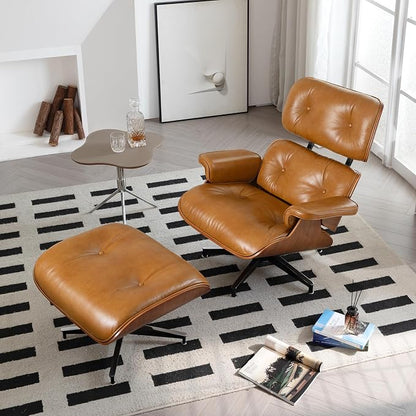 Mid Century Chaise Lounge Chair with Ottoman, Luxury Oil-Waxed Leather Reading Chair, Modern Chair Classic Design, Heavy Duty Base Support for Living Room Study Lounge Office Walnut Light Brown