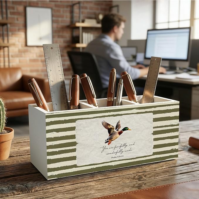 Mallard Duck Christian Pencil Pen Holder for Desk Organizer, Vintage Green Nursery Duck Cottagecore Wooden Box Decorations for Home Office Classroom Desk Tabletop Nursery Toddler Decor